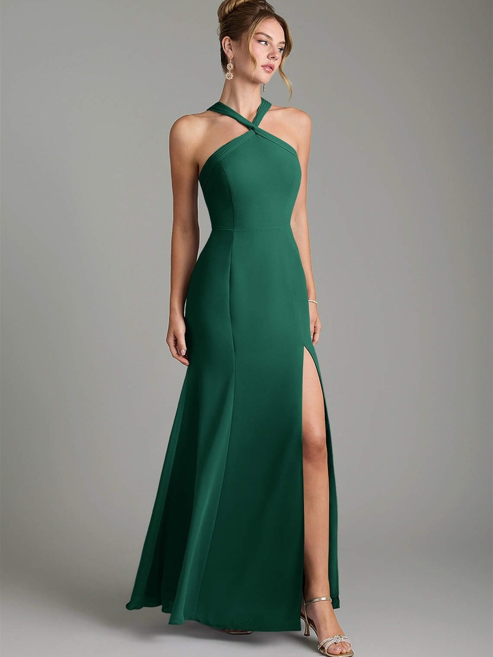 Azazie Rue Emerald A-Line Halter Chiffon Evening Gown Dress